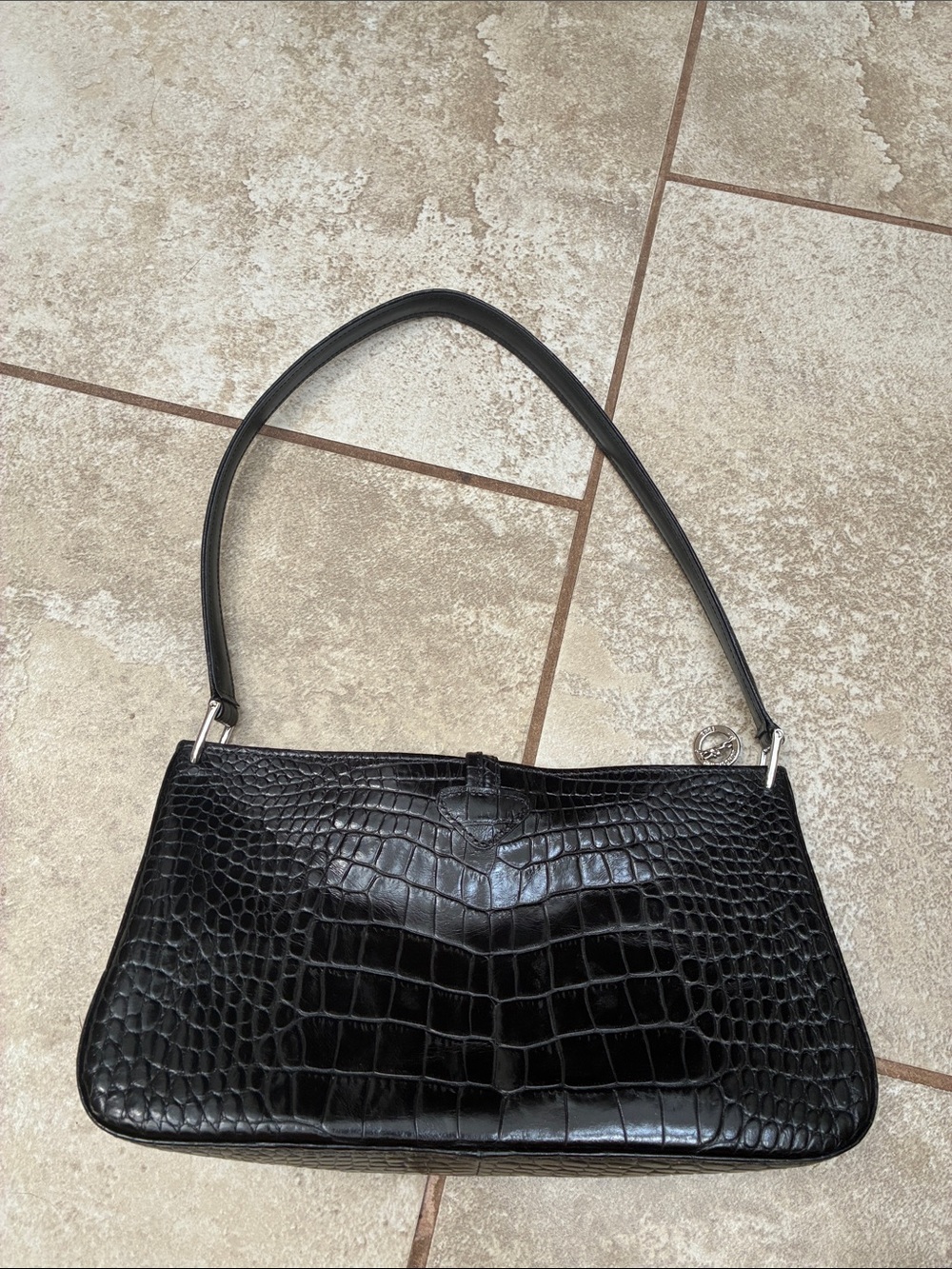 Longchamp Black Croc-Embossed Shoulder Bag with Silver Toggle - Picture 4 of 10